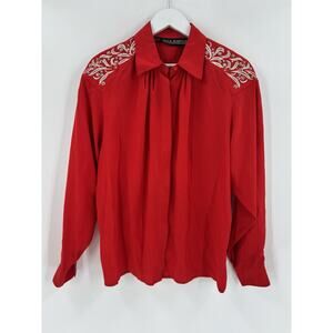 Vintage Della Roufogali Button Up Womens 14 Red Silver Western Rhinestone Silk